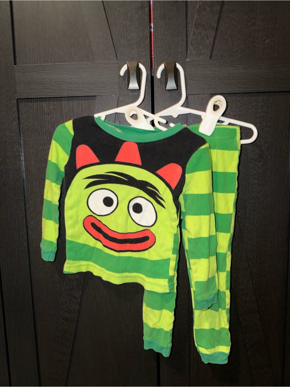 Kids Green Striped Monster Pajama Set with Fun Face